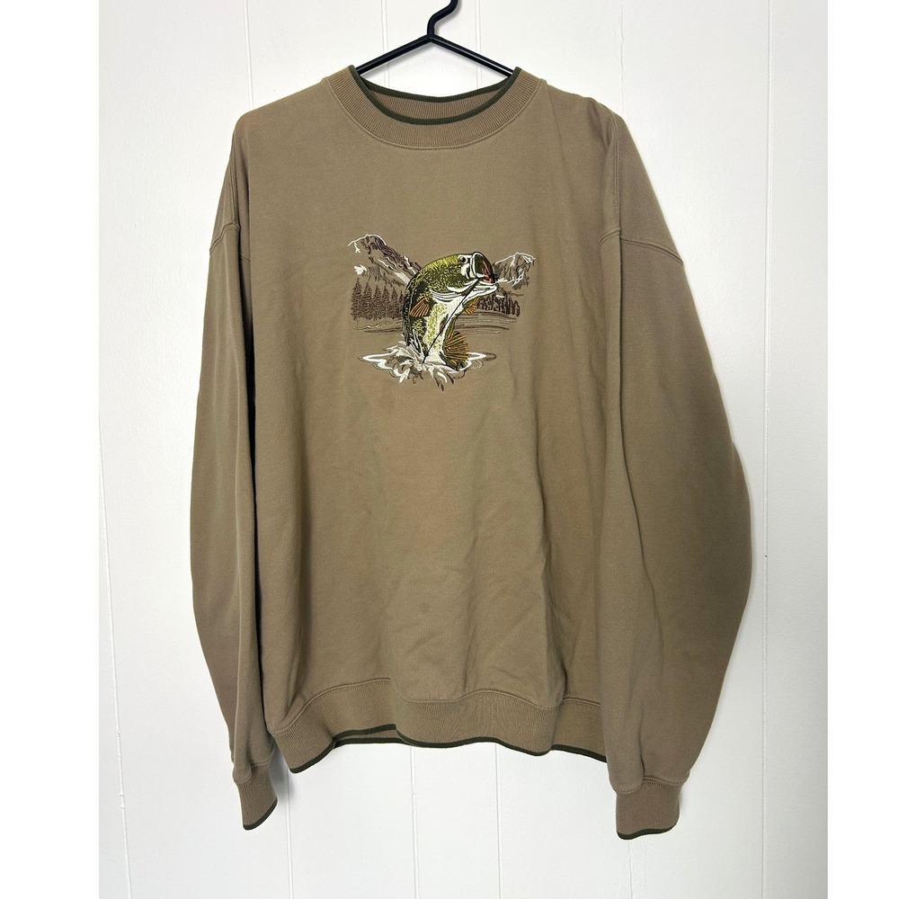 Vintage Bass Fishing Sweatshirt MC Sport XL Tan Embroidered Outdoor Gorpcore